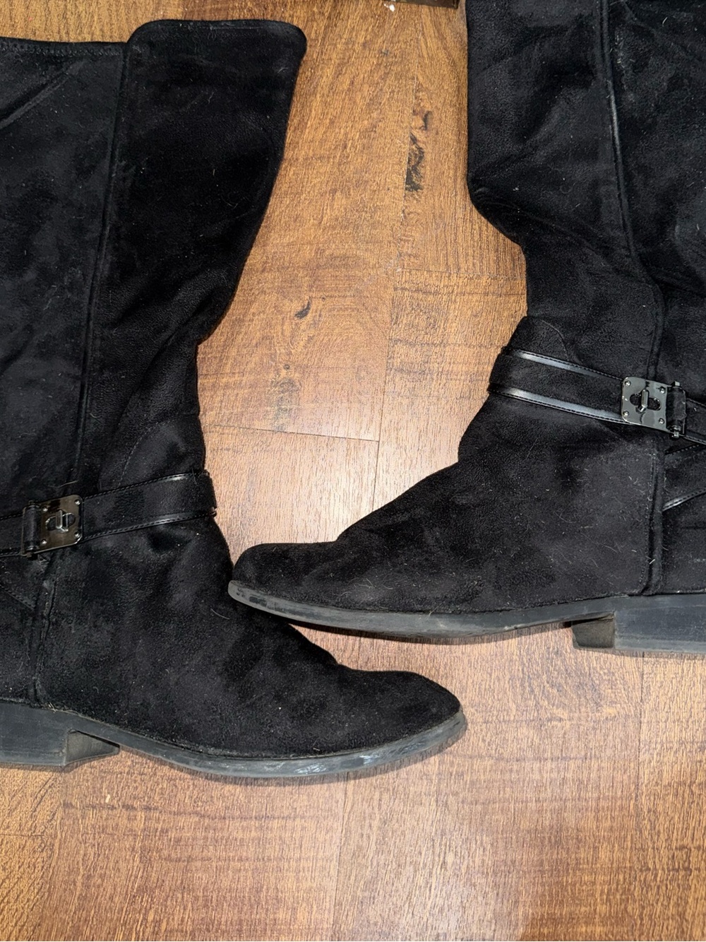 Black Suede Mid-Calf Women's Boots with Buckle Strap